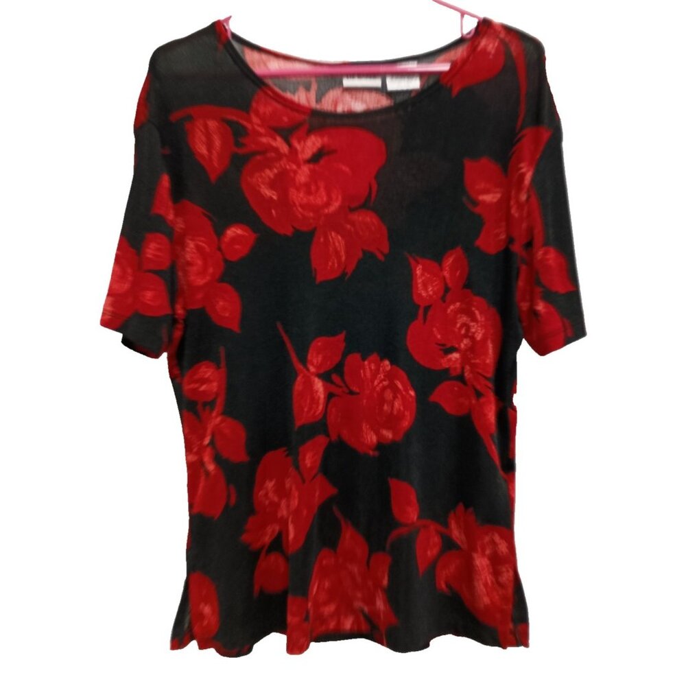 Vintage‎ Y2K Liz Baker Womens Top Small Black Red Floral Whimsygoth Short Sleeve